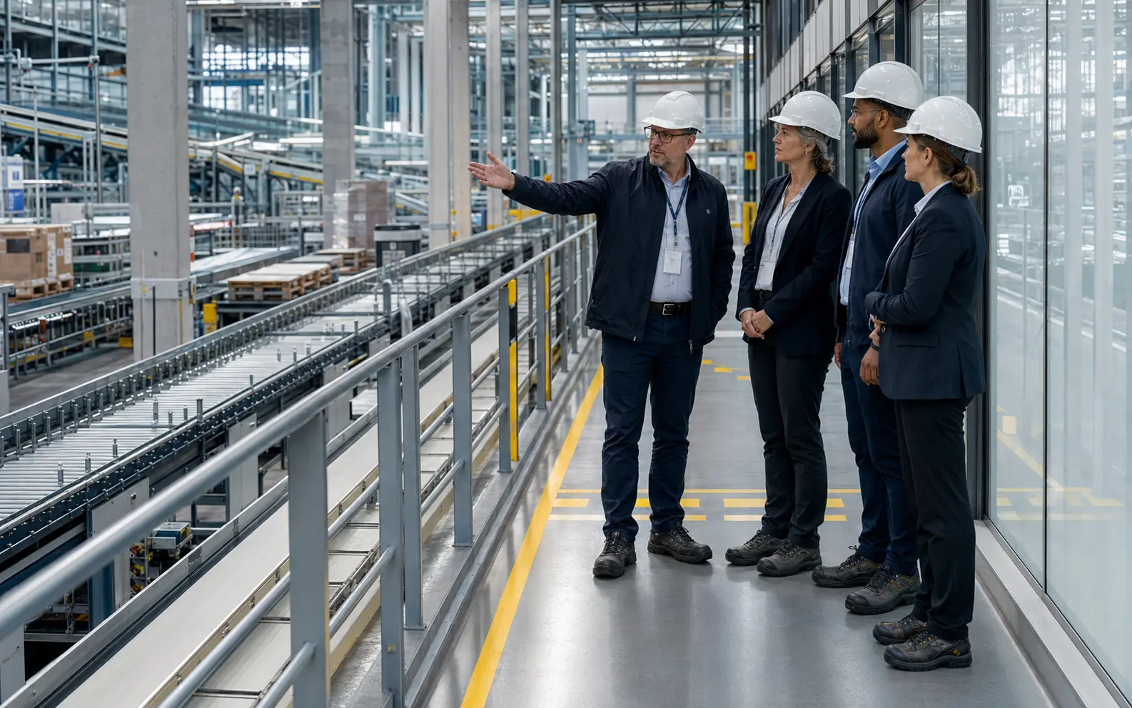 Führungskräfte und Arbeitsschutzexperten bei einem Safety Walk in einem modernen Logistikbetrieb